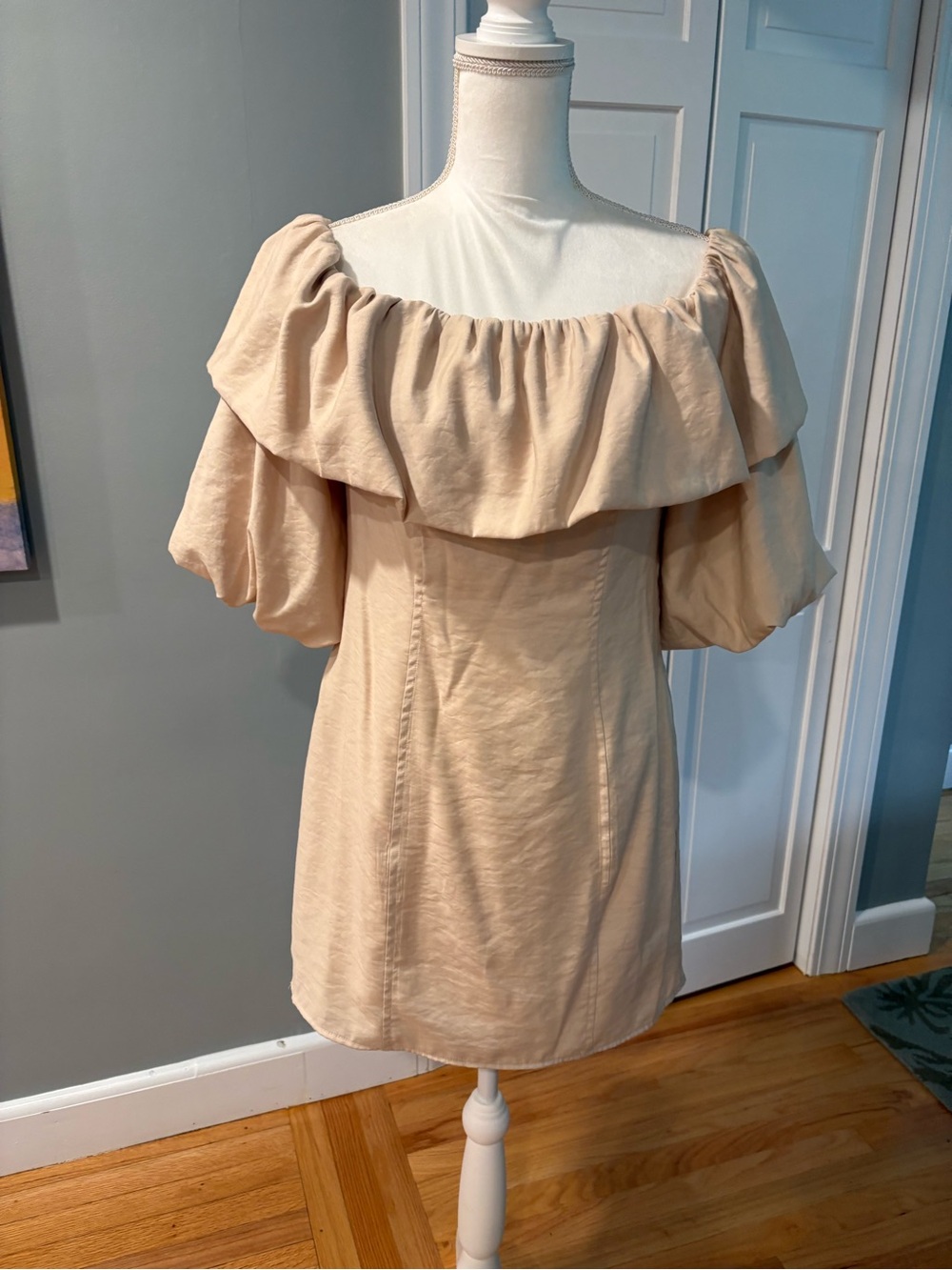 Lulu's Beige Off-Shoulder Ruffle Tunic. Size M